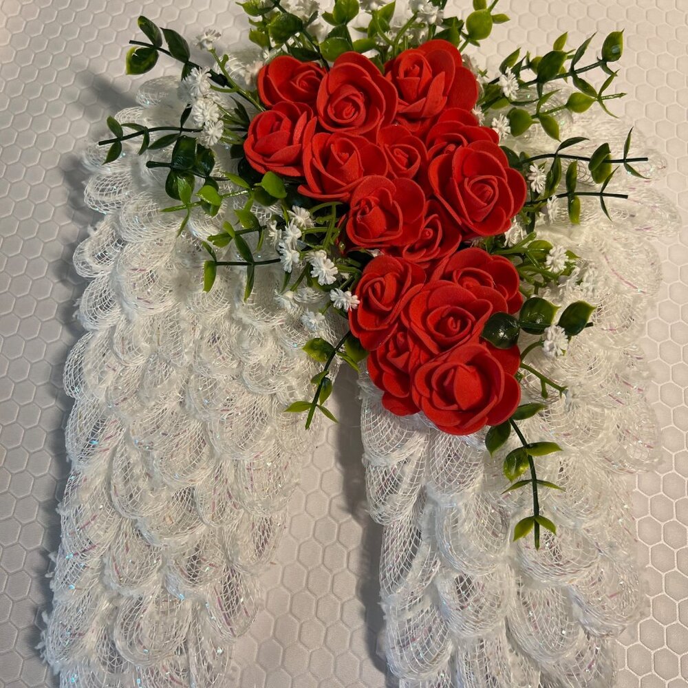 Angel Wing Wreath with Red Roses Down Side of Wing
